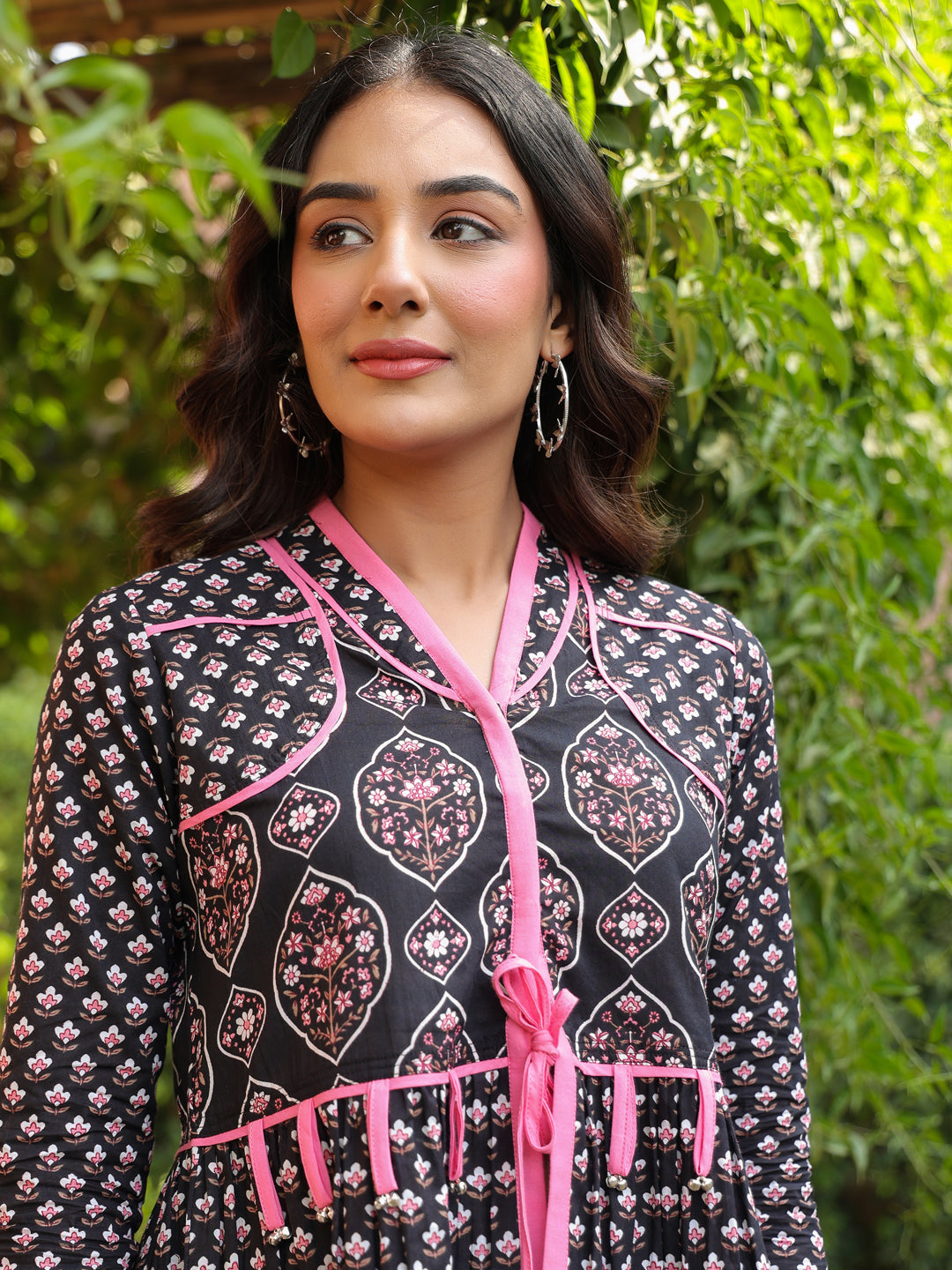 Black Handblock Printed A-Line Peplum Top with Tie-Up Detail