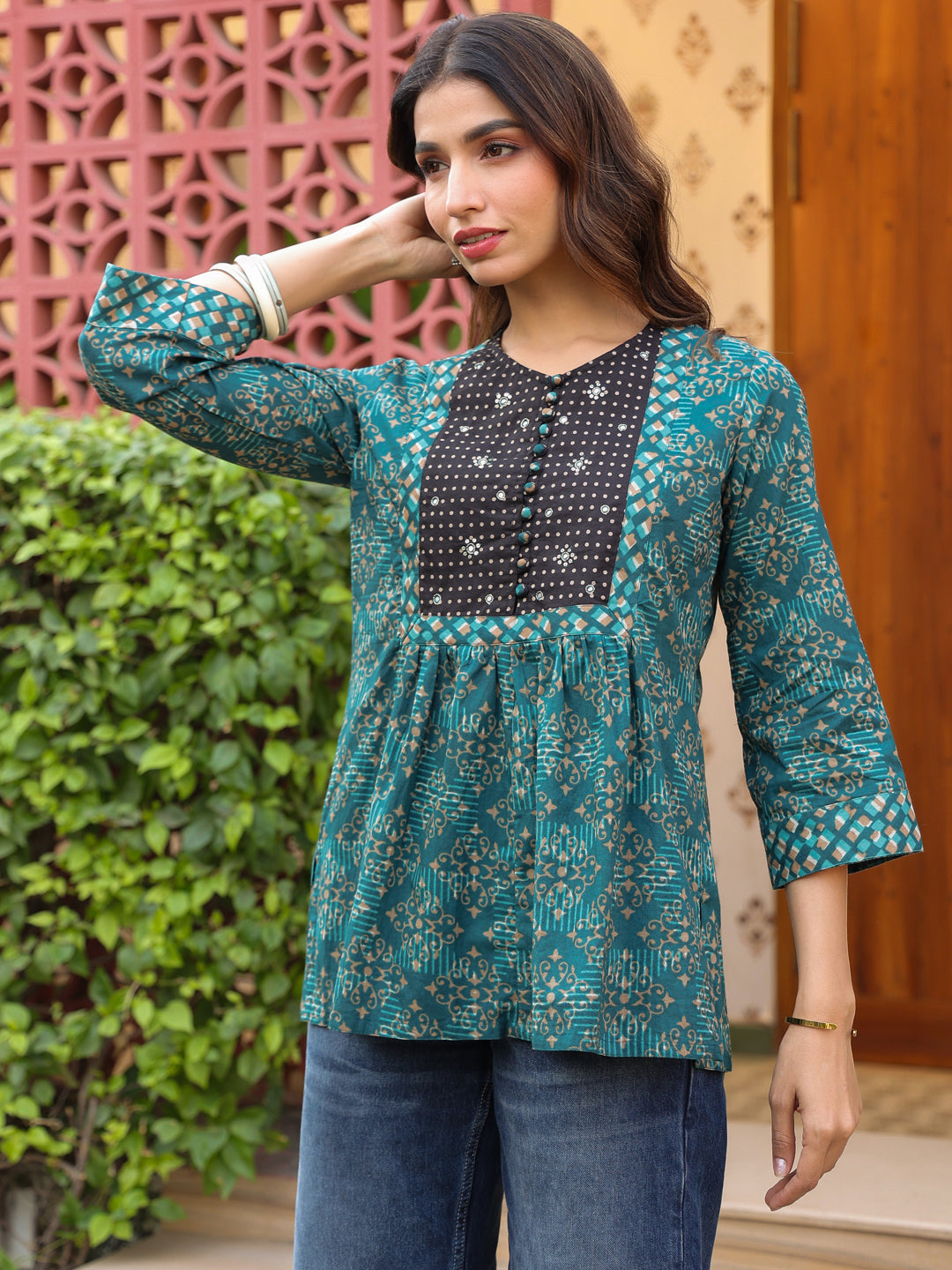 Teal Handblock Printed & Embroidered A-Line Top