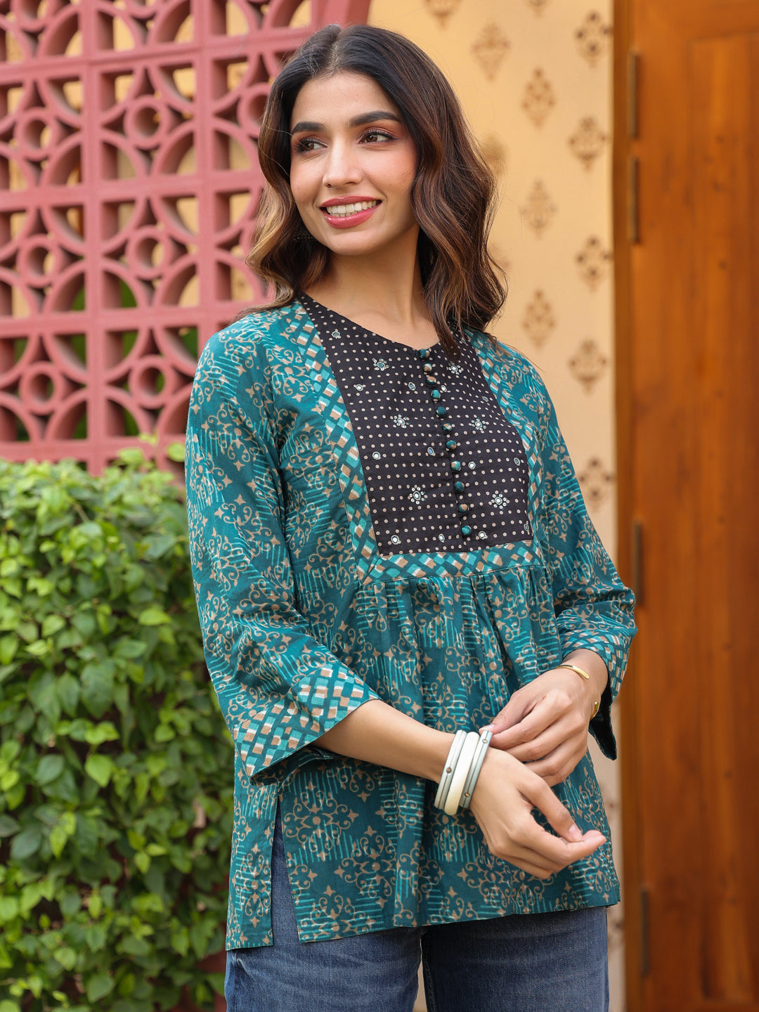 Teal Handblock Printed & Embroidered A-Line Top