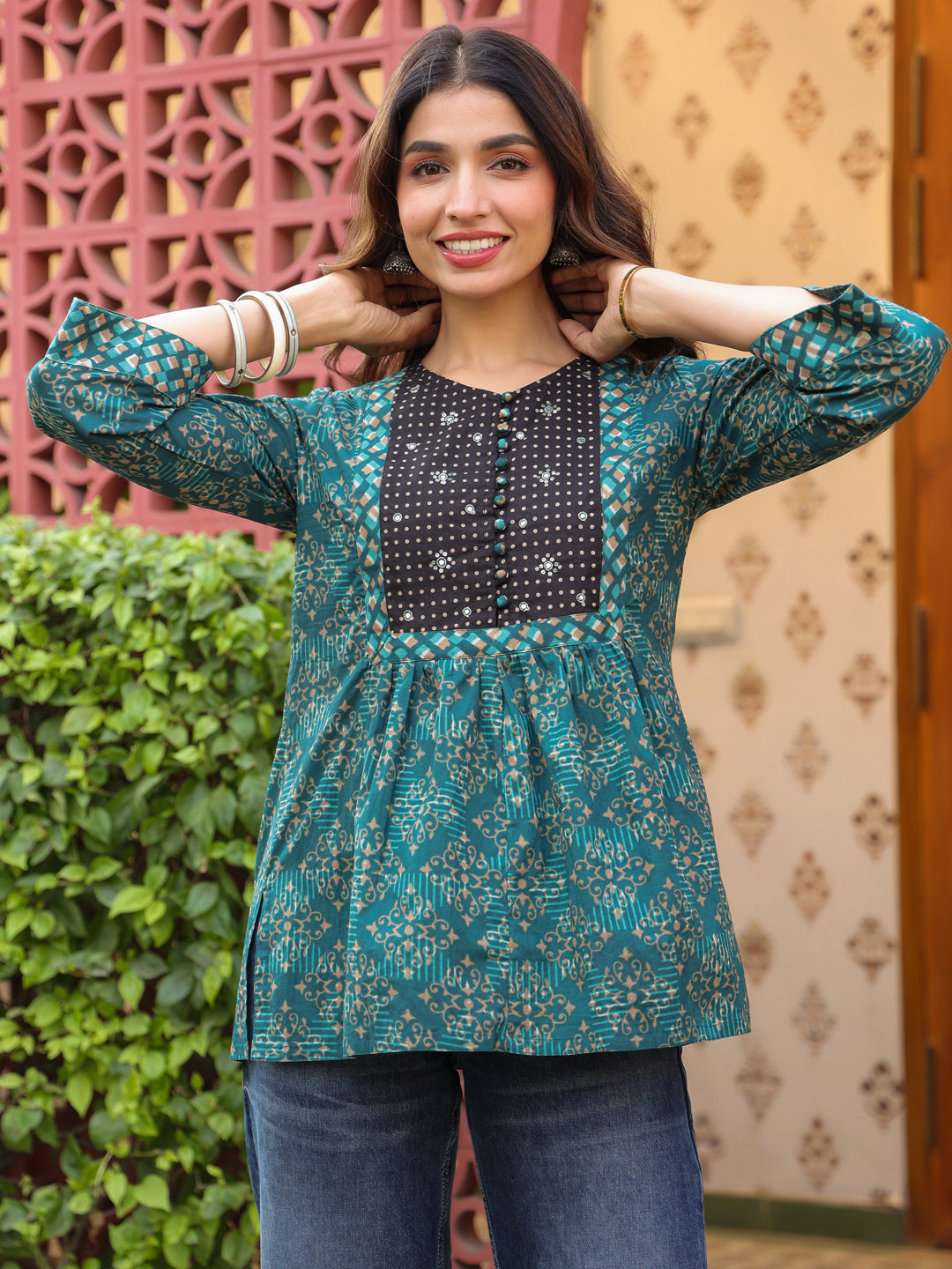 Teal Handblock Printed & Embroidered A-Line Top