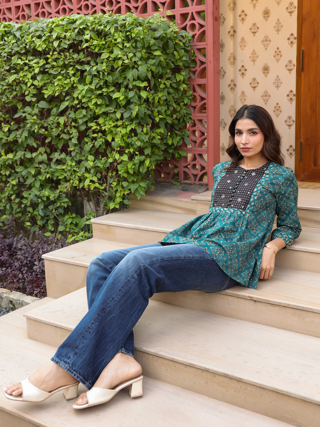 Teal Handblock Printed & Embroidered A-Line Top