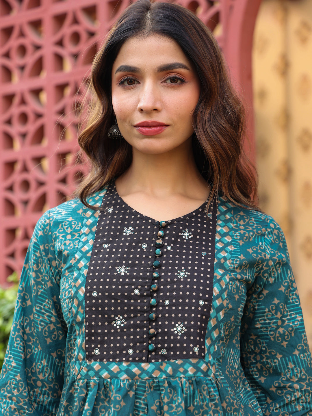Teal Handblock Printed & Embroidered A-Line Top