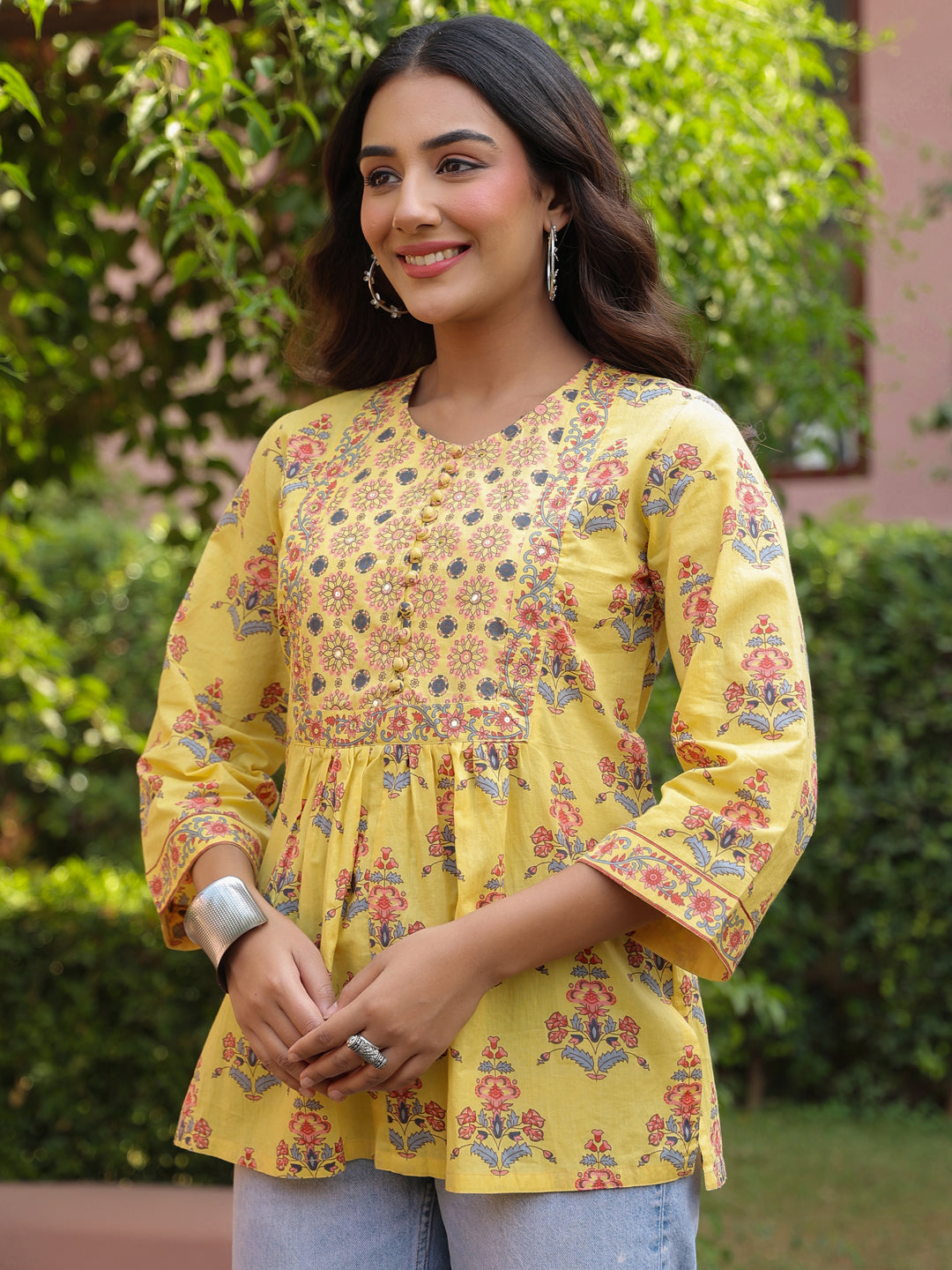 Yellow Handblock Printed & Embroidered A-Line Top