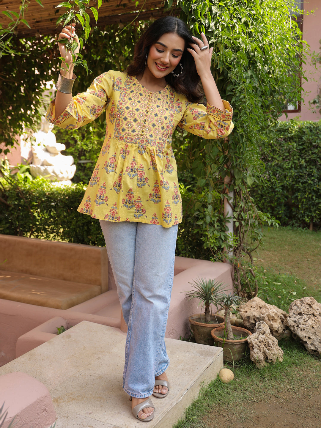 Yellow Handblock Printed & Embroidered A-Line Top