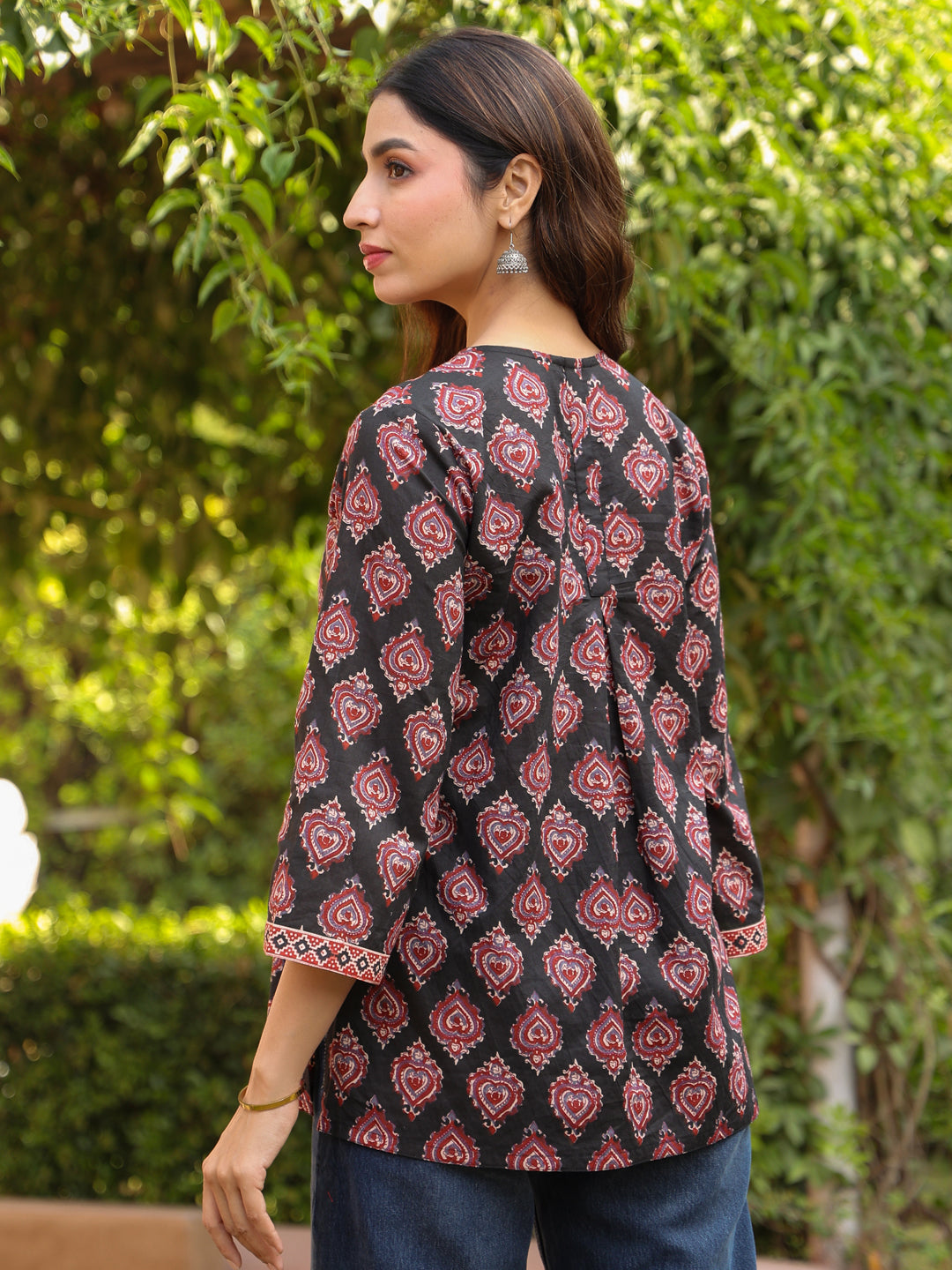 Black Booti Handblock Printed & Embroidered A-Line Top