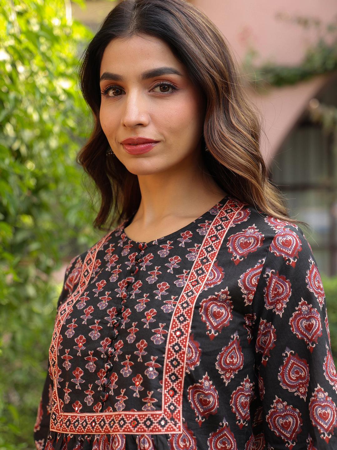 Black Booti Handblock Printed & Embroidered A-Line Top