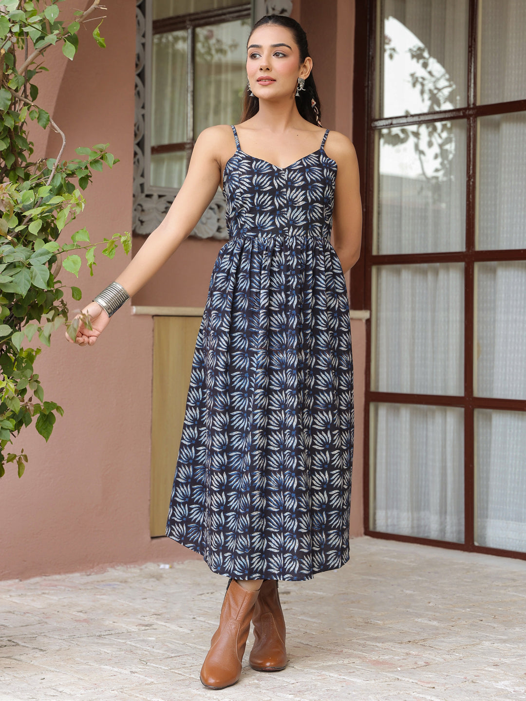Blue Booti Handblock Printed Sleeveless Midi Dress