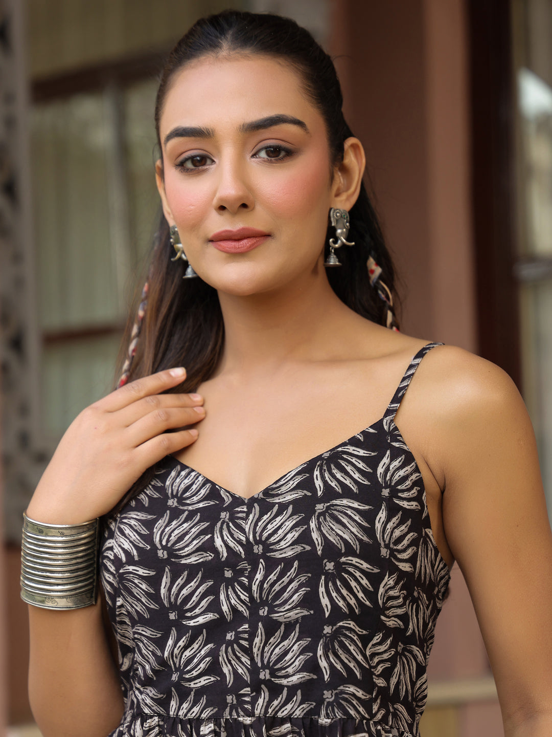 Black Booti Handblock Printed Sleeveless Midi Dress