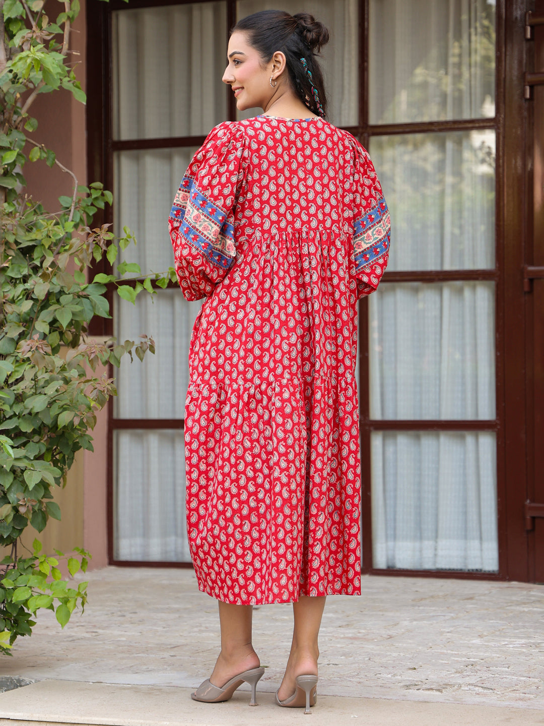 Red Handblock Boho Puff-Sleeve Midi Dress