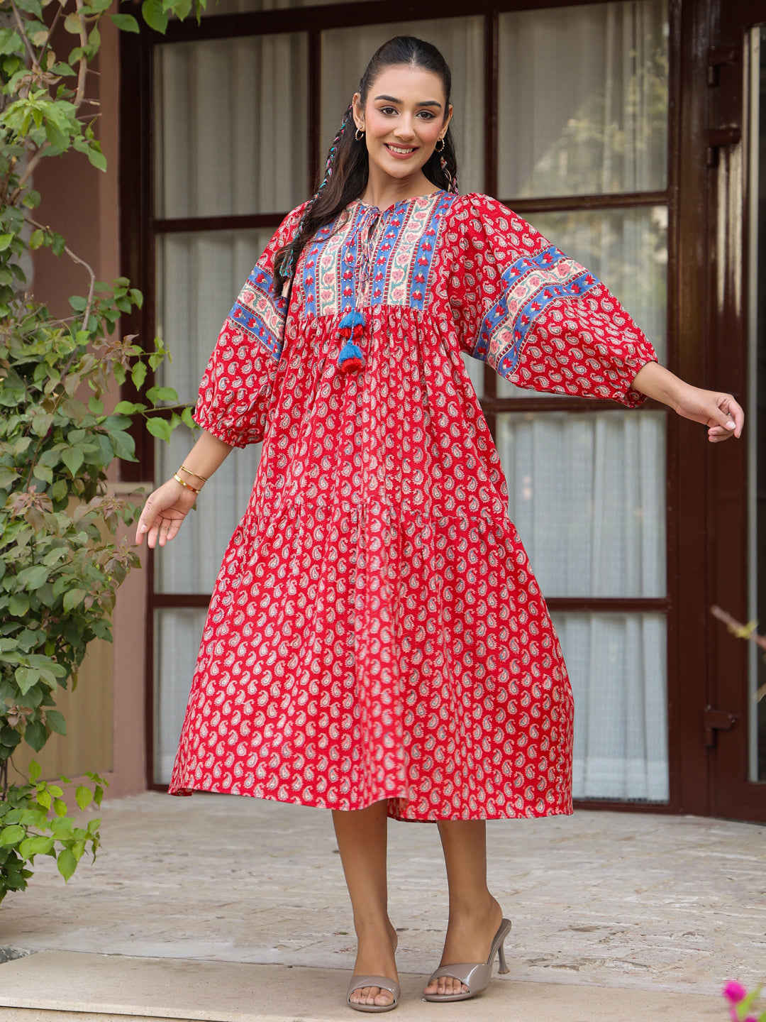 Red Handblock Boho Puff-Sleeve Midi Dress