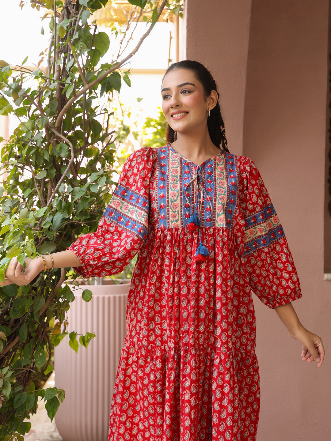 Red Handblock Boho Puff-Sleeve Midi Dress