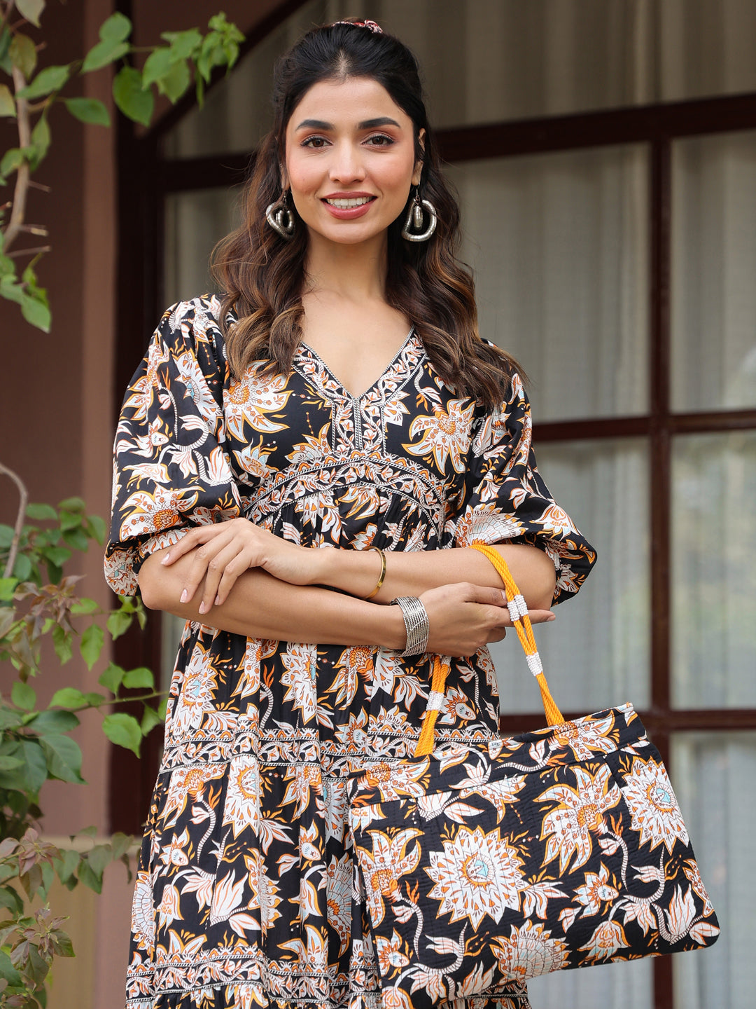 Black Floral Shoulder Bag with Zip