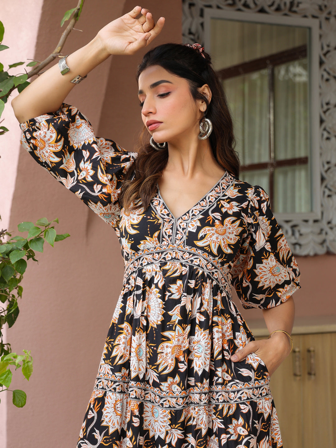 Black Floral Printed Tiered Flared Dress