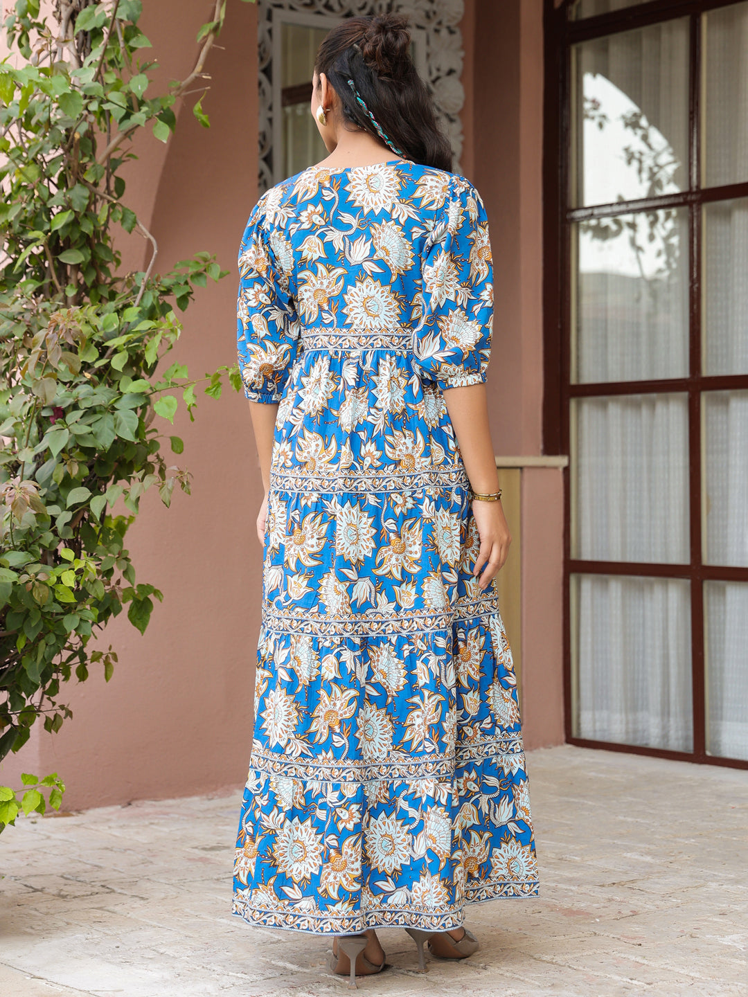 Blue Floral Printed Tiered Flared Dress
