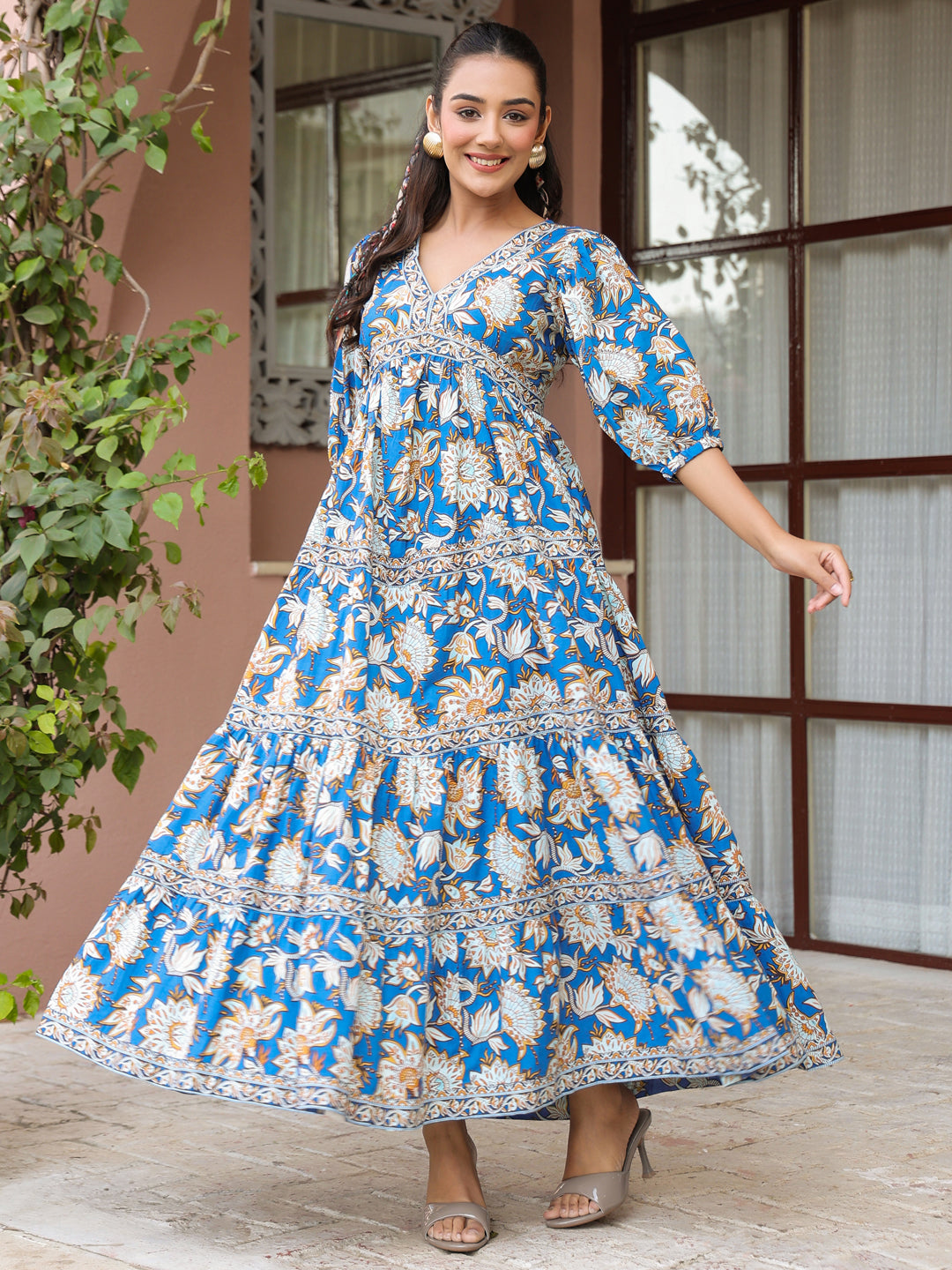 Blue Floral Printed Tiered Flared Dress