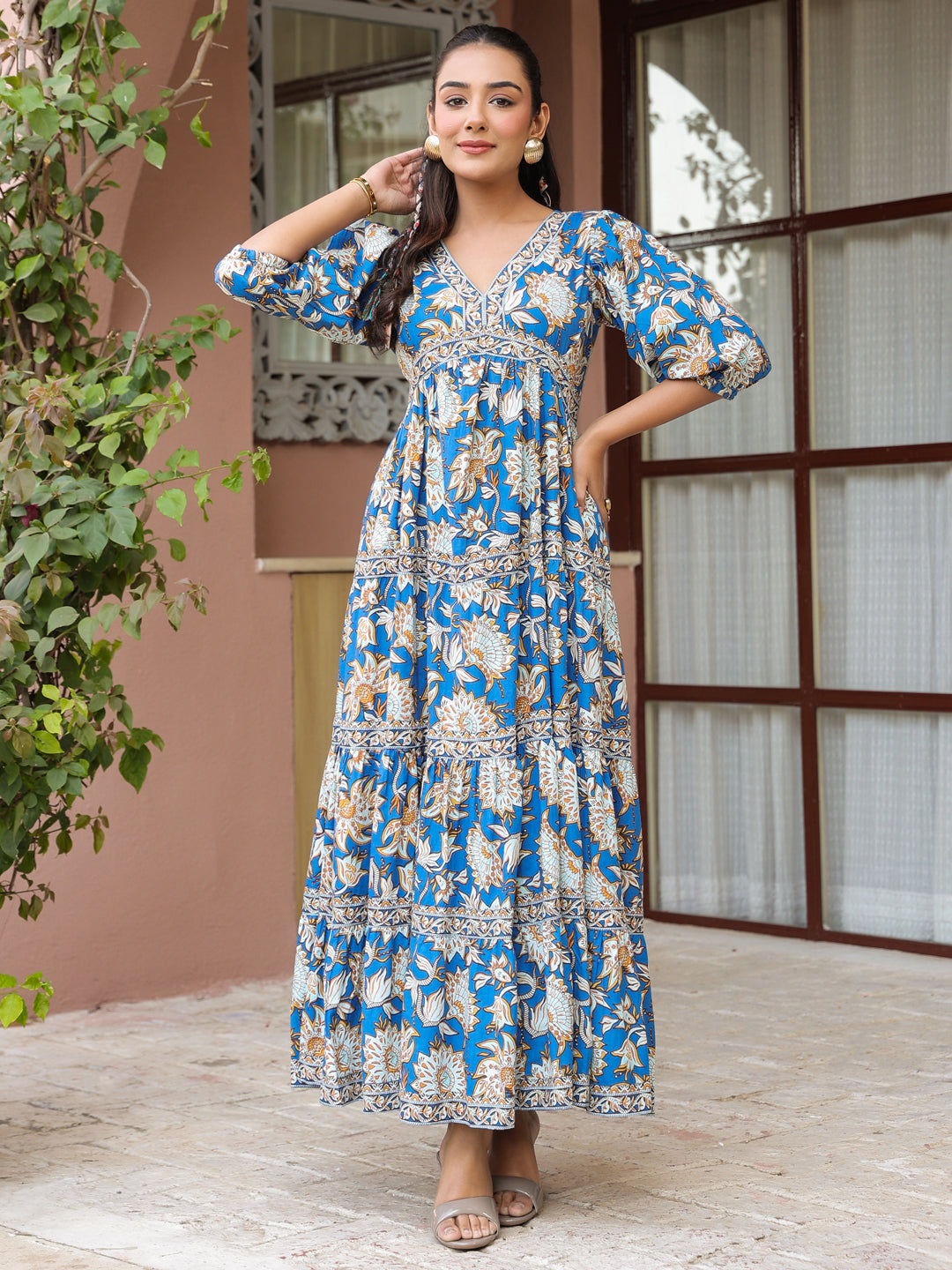 Blue Floral Printed Tiered Flared Dress