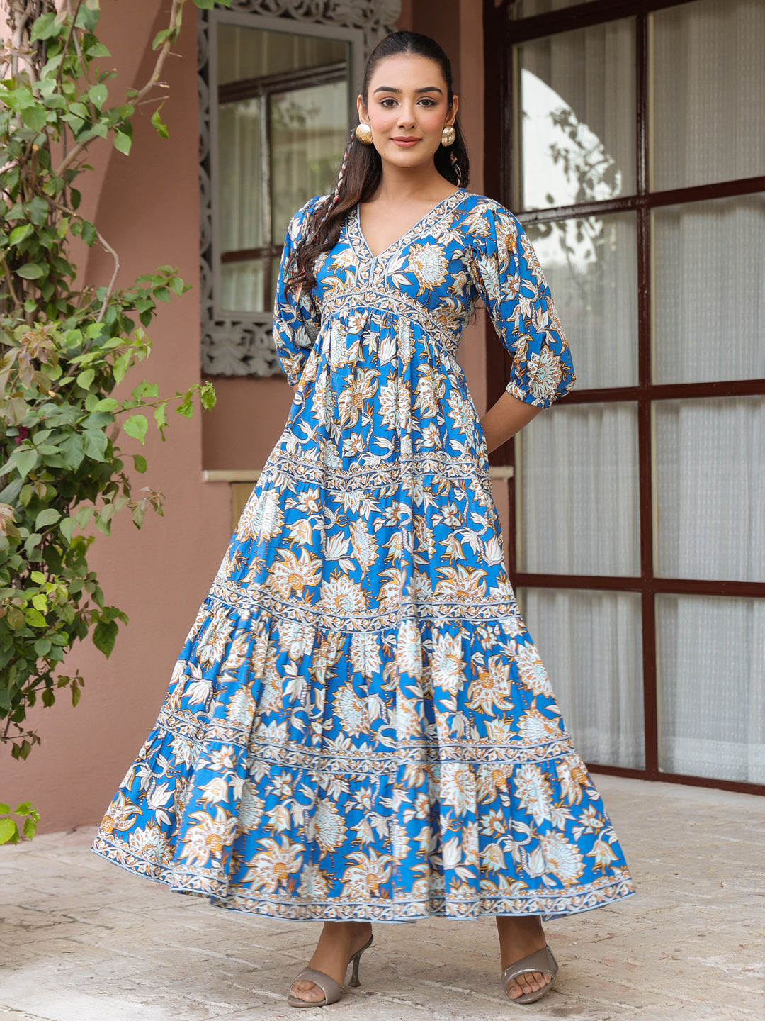 Blue Floral Printed Tiered Flared Dress