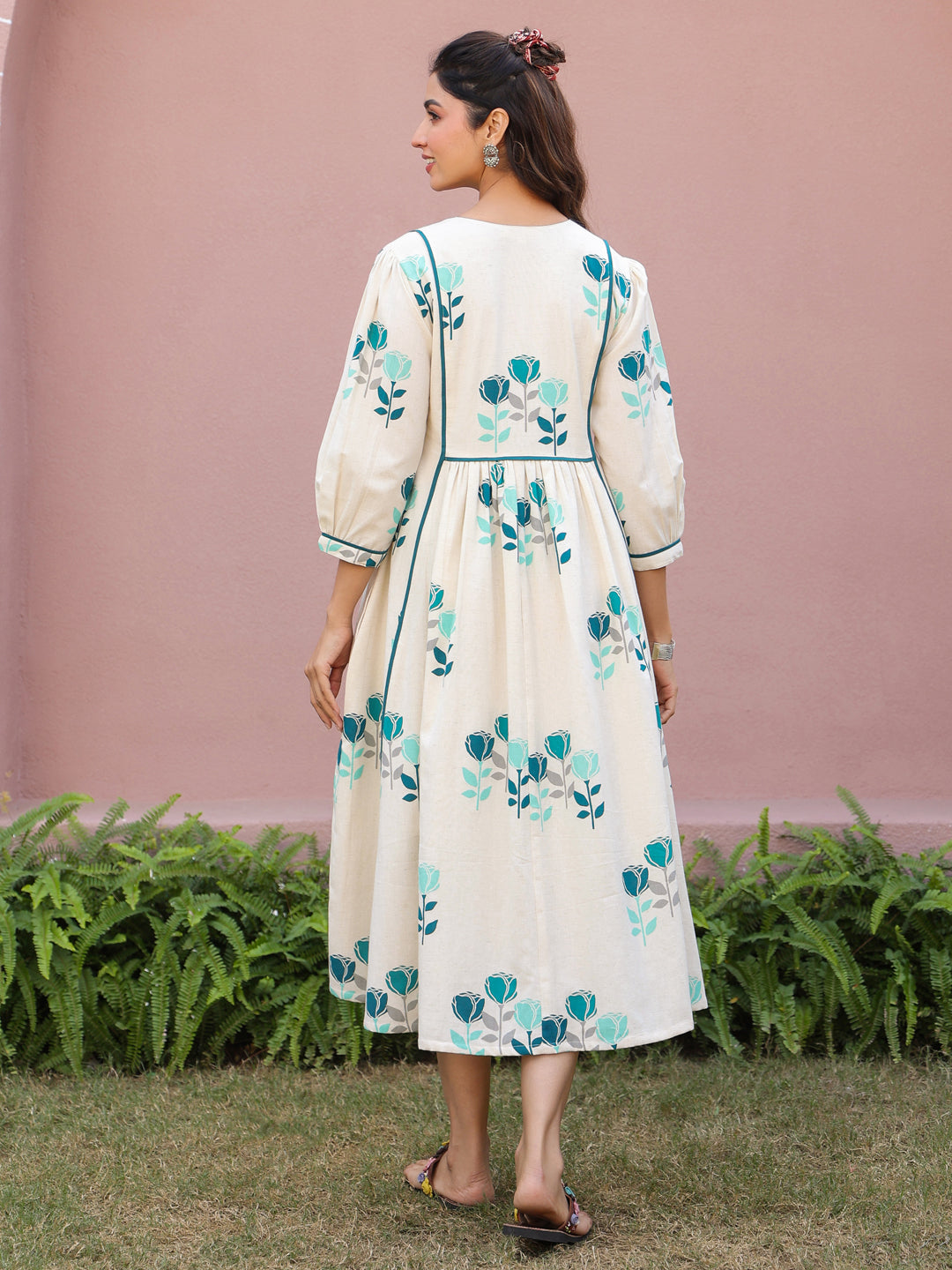 White Flex Teal Floral Printed Flared Dress