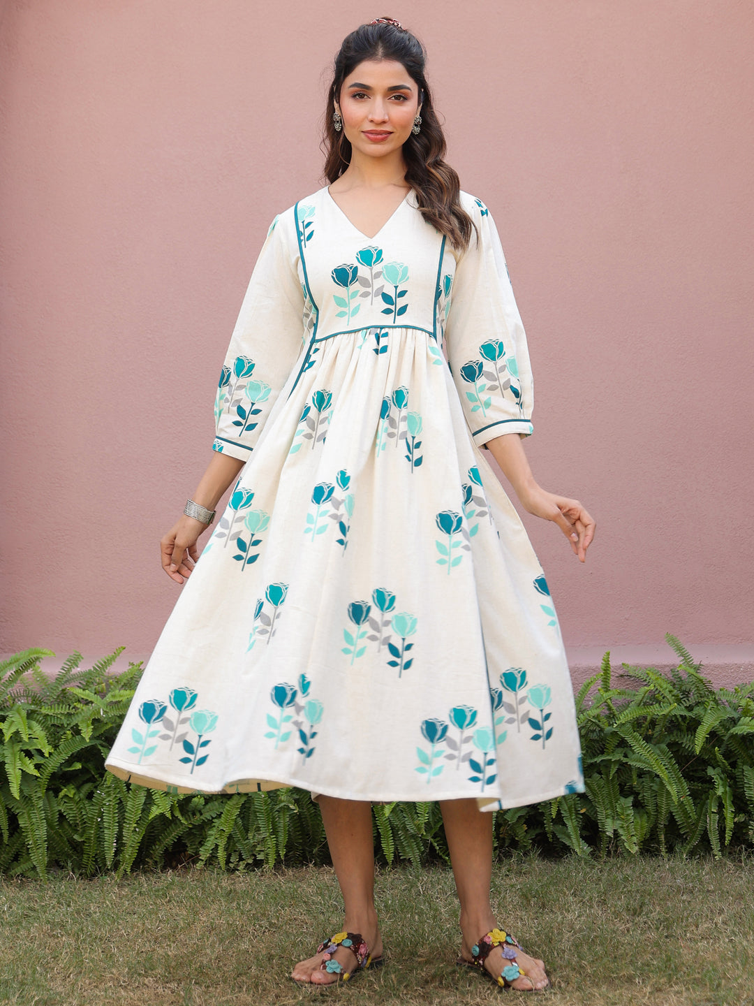 White Flex Teal Floral Printed Flared Dress