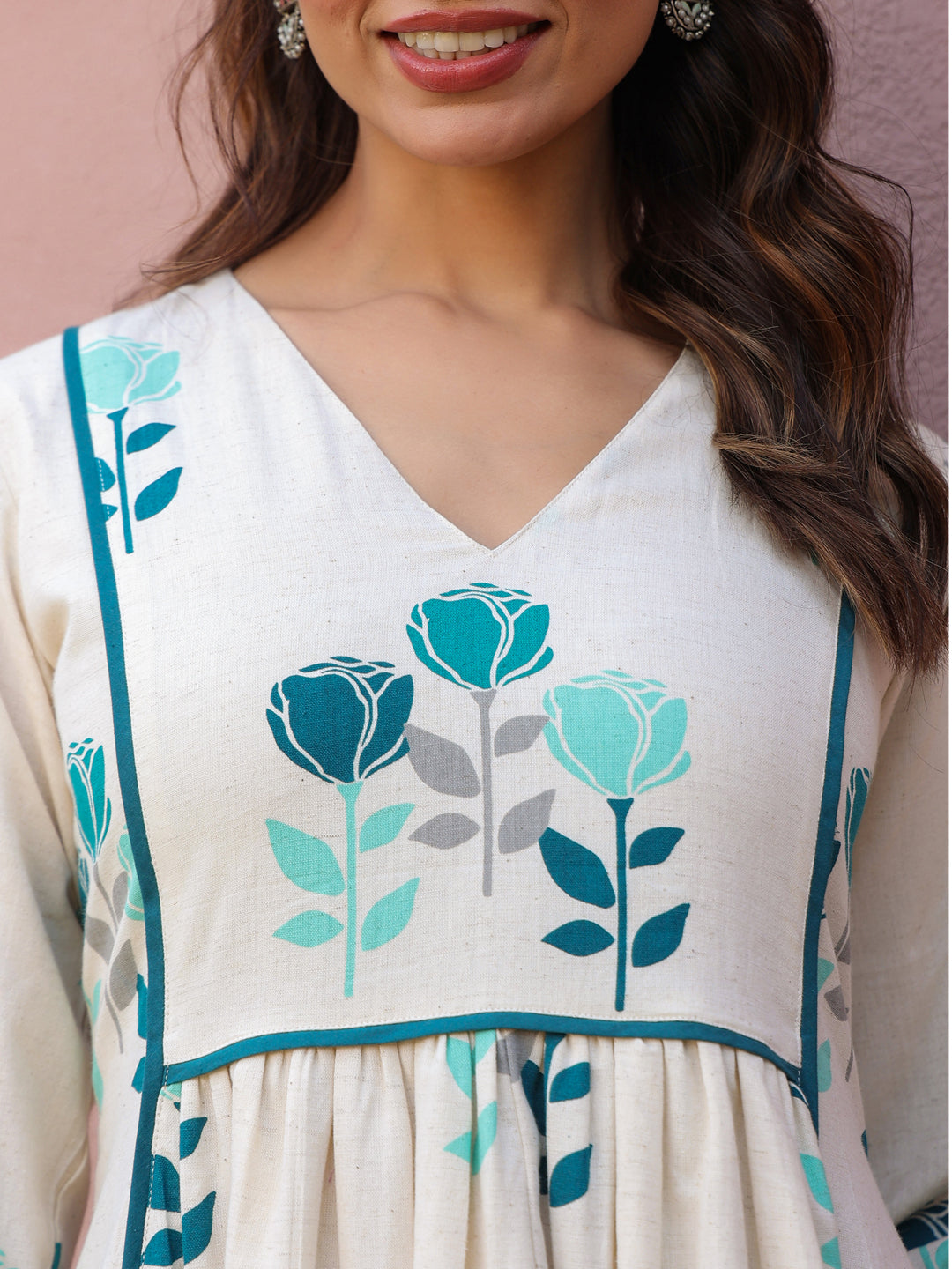 White Flex Teal Floral Printed Flared Dress