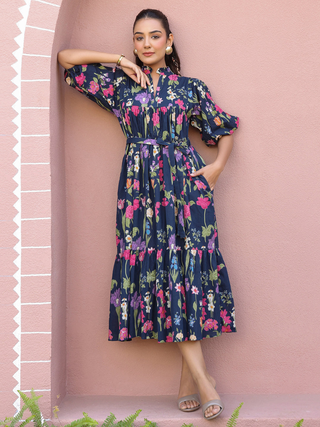 Navy Floral Printed Tiered Dress with Mandarin Collar