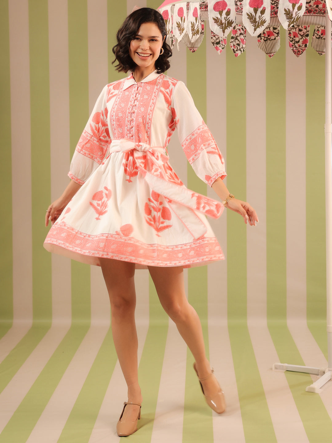 White & Pink Pastel Mughal Motif Tiered Cotton Dress with Lining