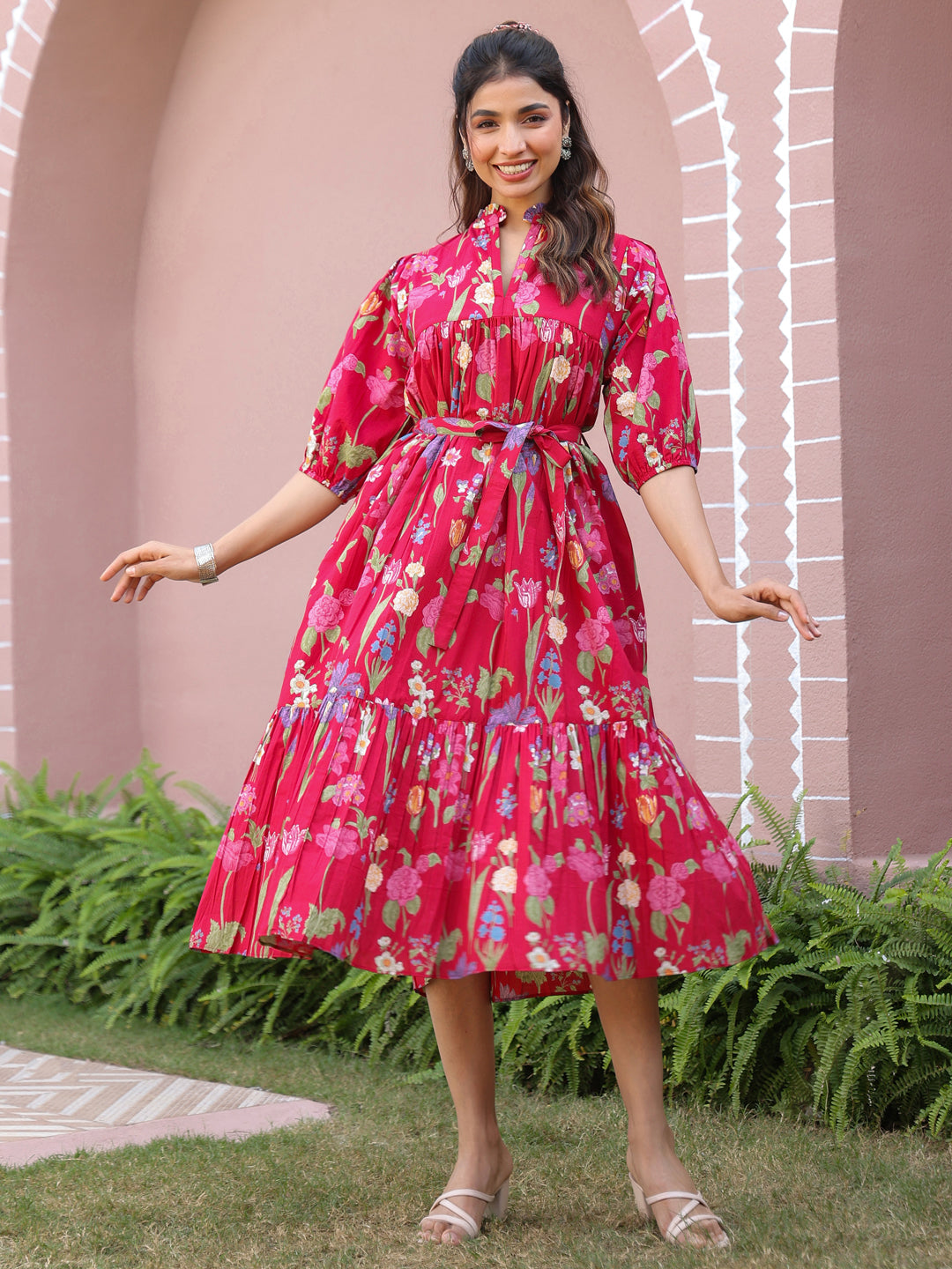 Red Floral Printed Tiered Dress with Mandarin Collar