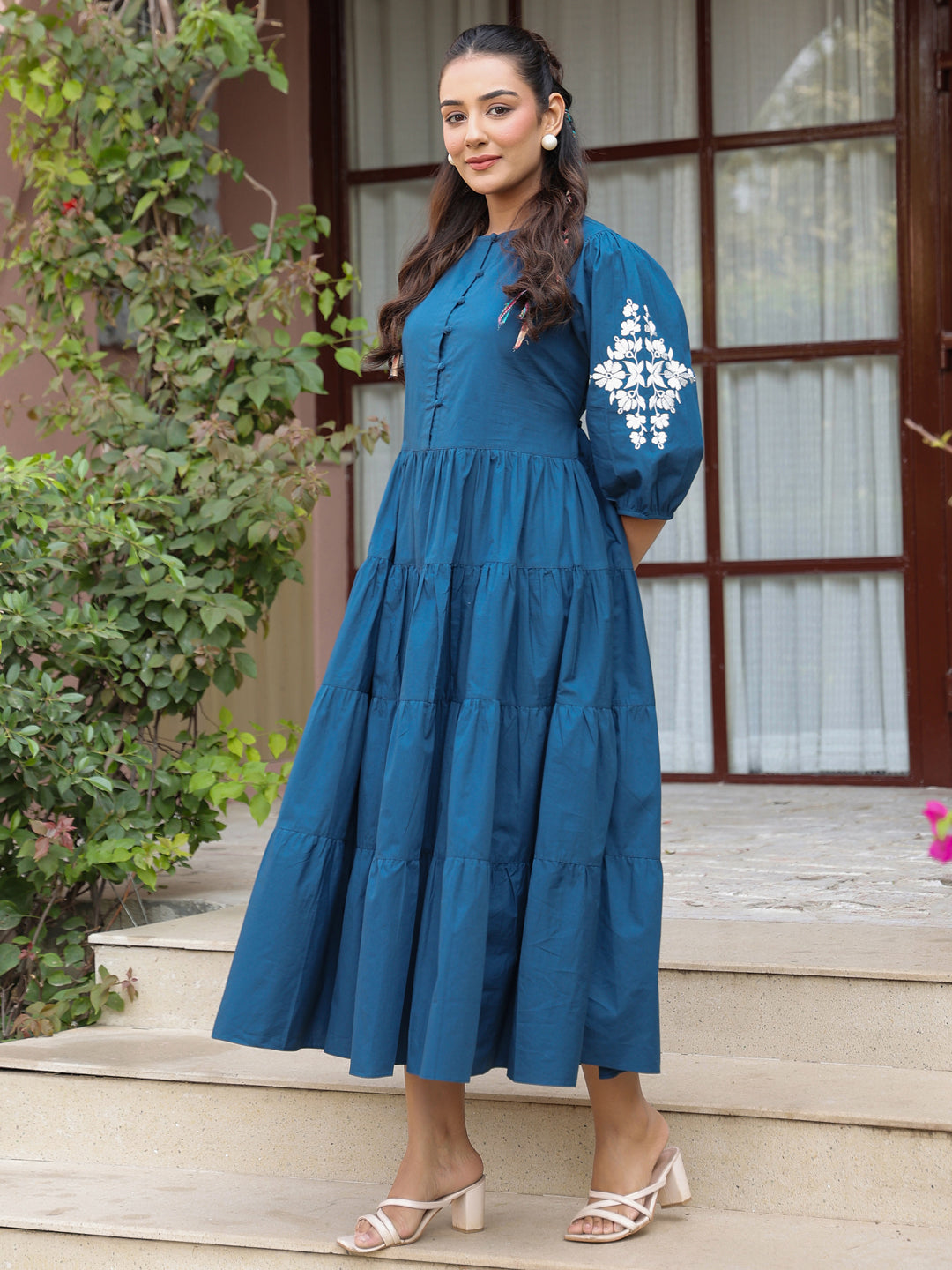 Navy Solid Embroidered Tiered Maxi Dress