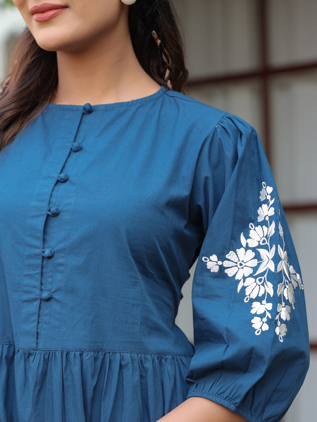 Navy Solid Embroidered Tiered Maxi Dress