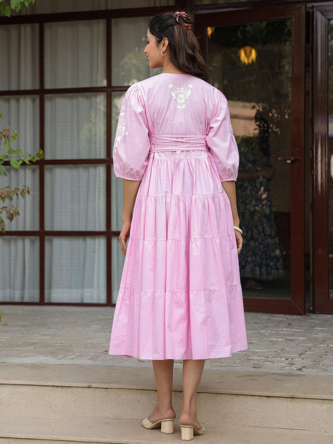 Pink Solid Embroidered Tiered Maxi Dress
