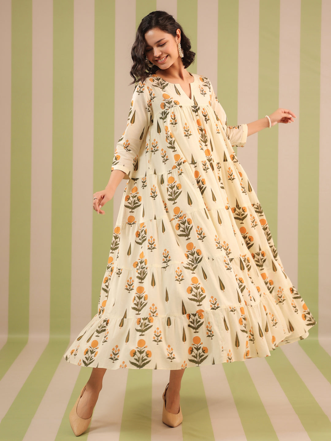 White & Mustard  Printed Flared Dress with Lining