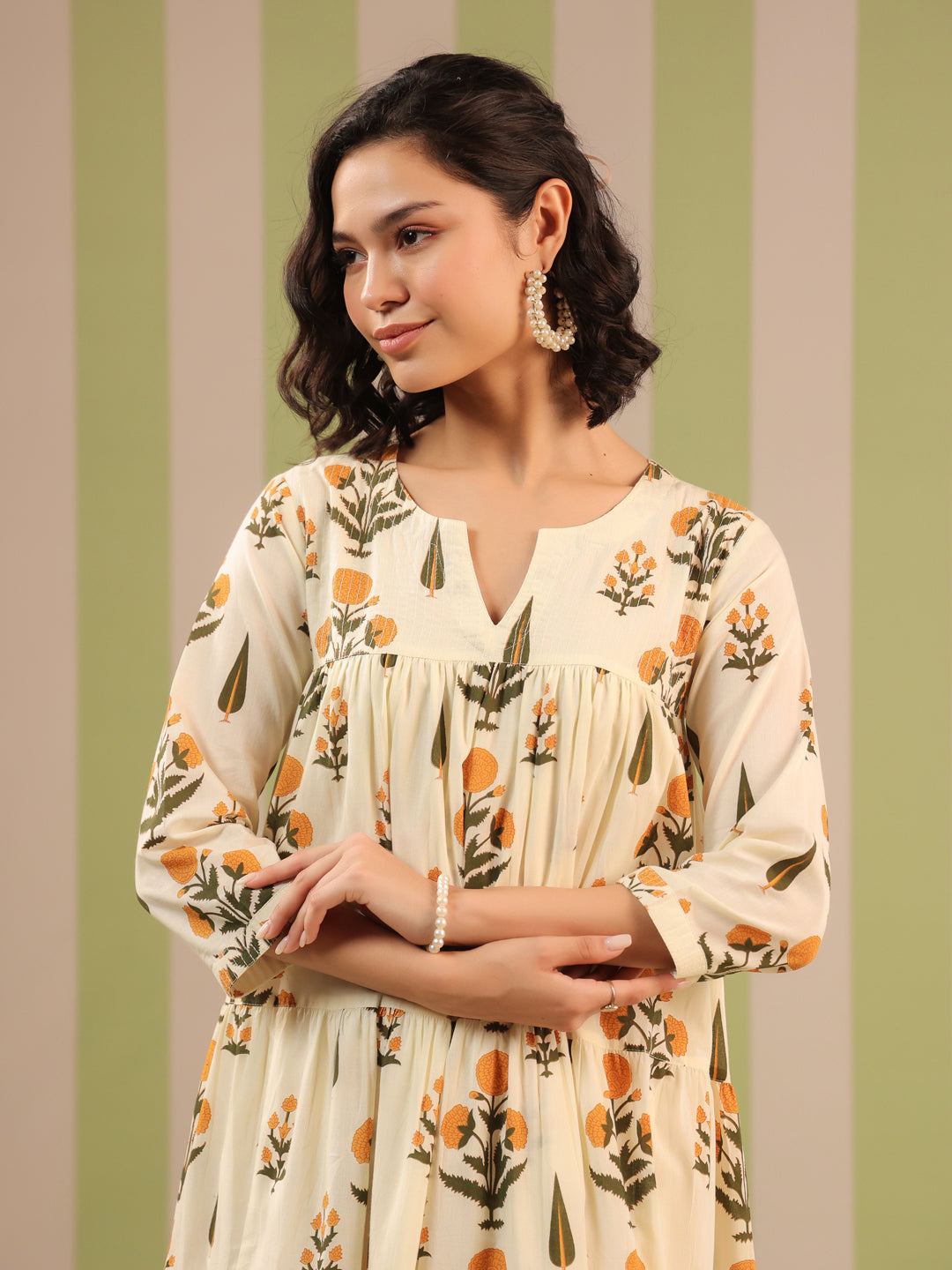 White & Mustard  Printed Flared Dress with Lining