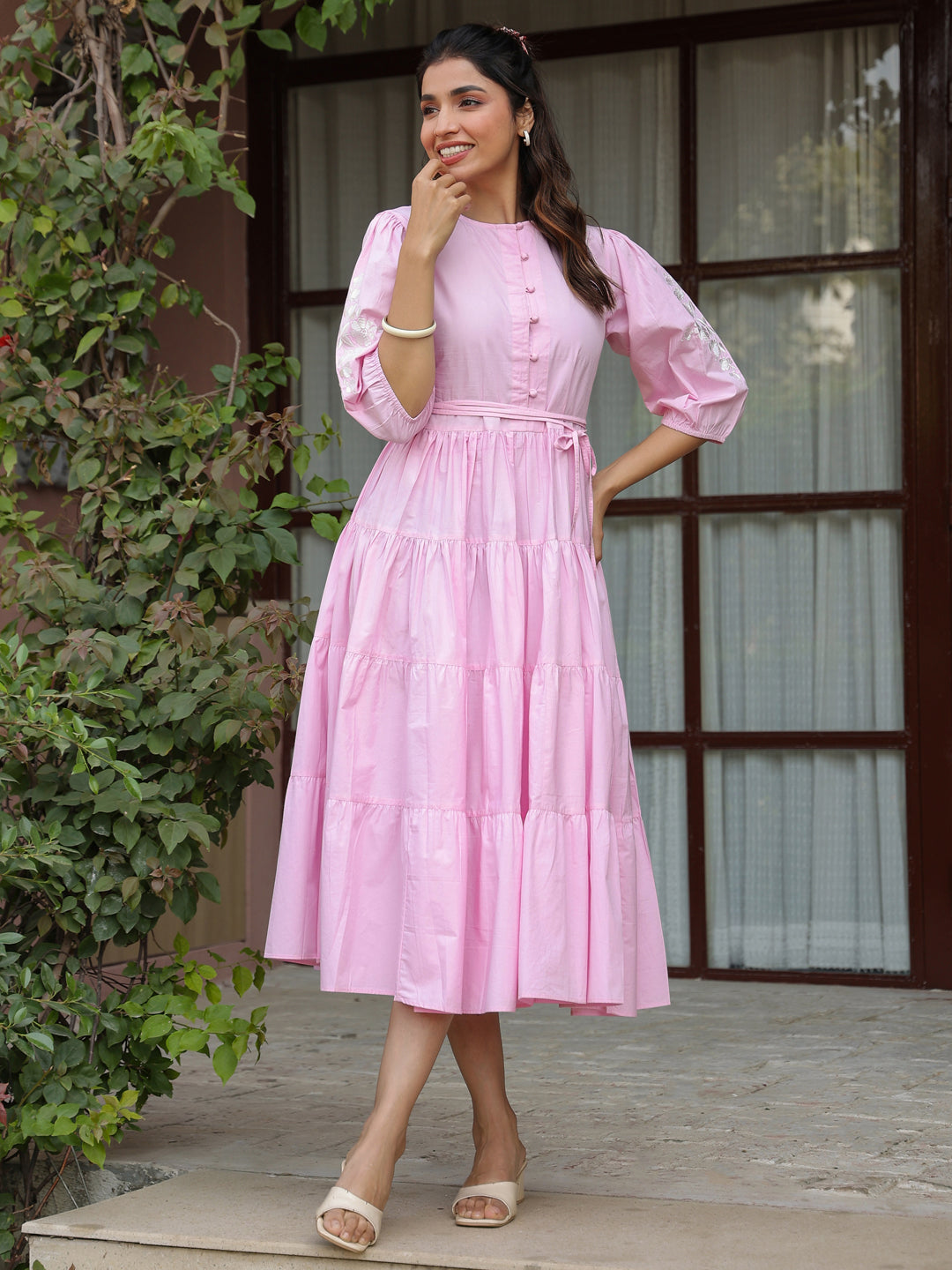 Pink Solid Embroidered Tiered Maxi Dress