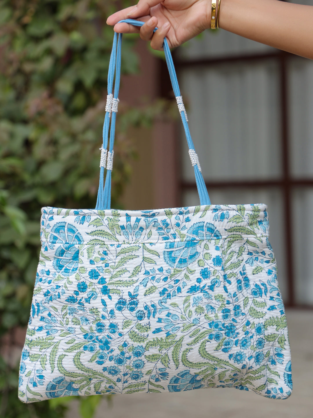 White & Blue Jaal Shoulder Bag with Zip