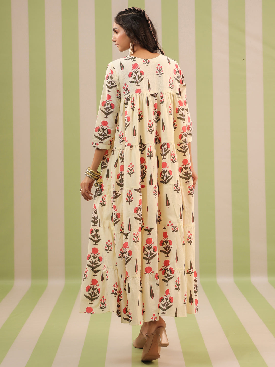 White & Pink Printed Flared Dress with Lining