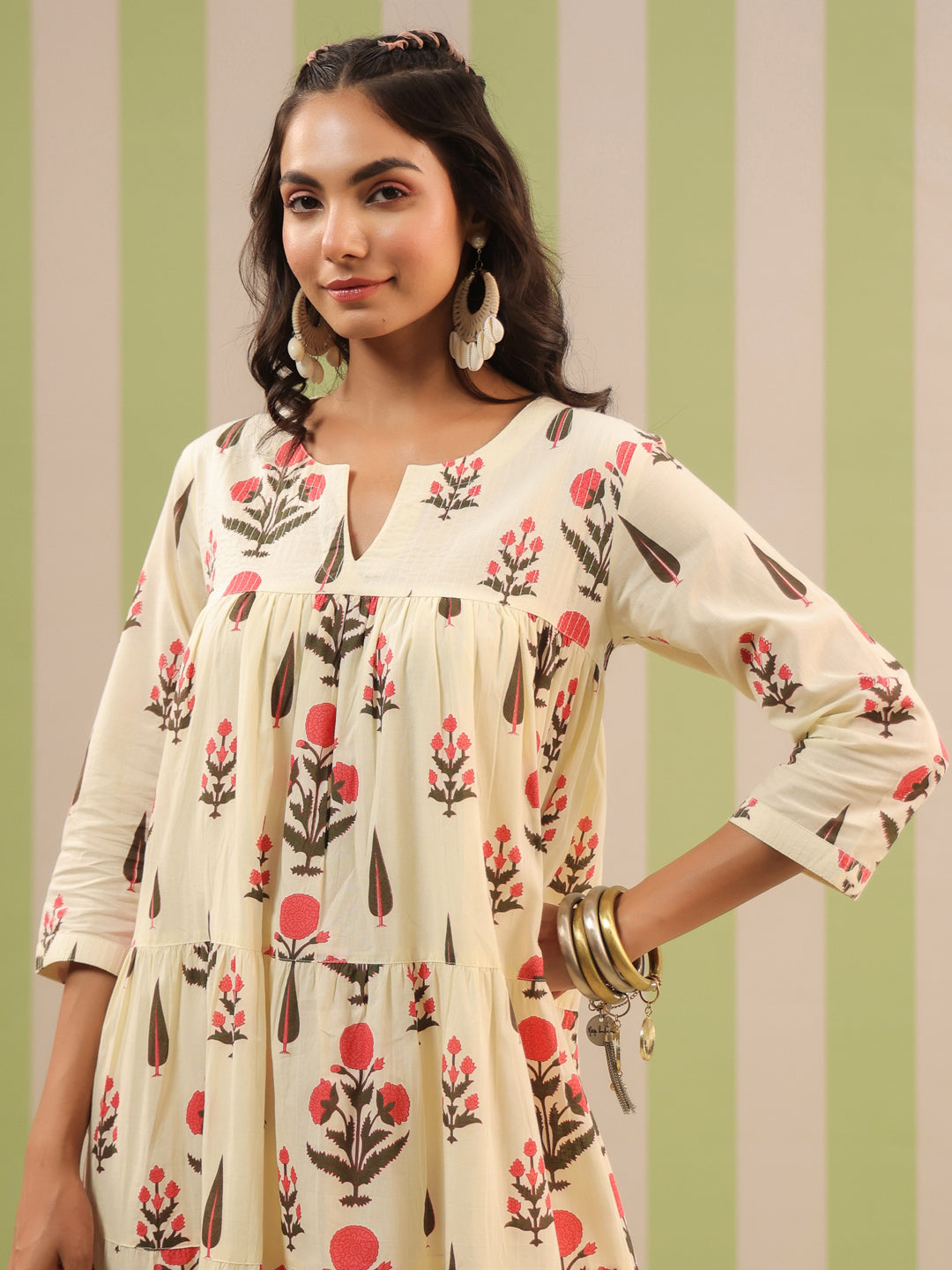 White & Pink Printed Flared Dress with Lining
