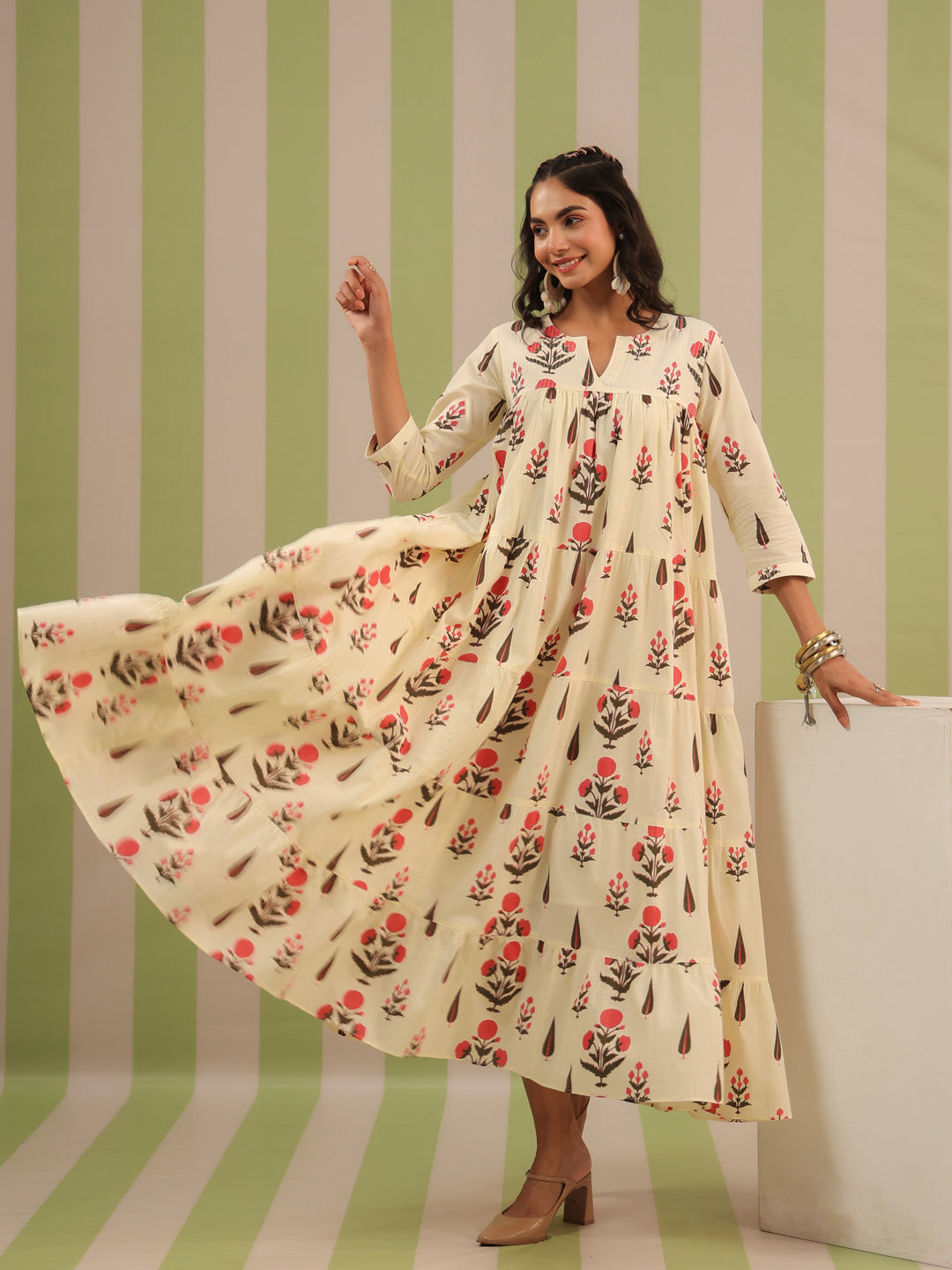 White & Pink Printed Flared Dress with Lining