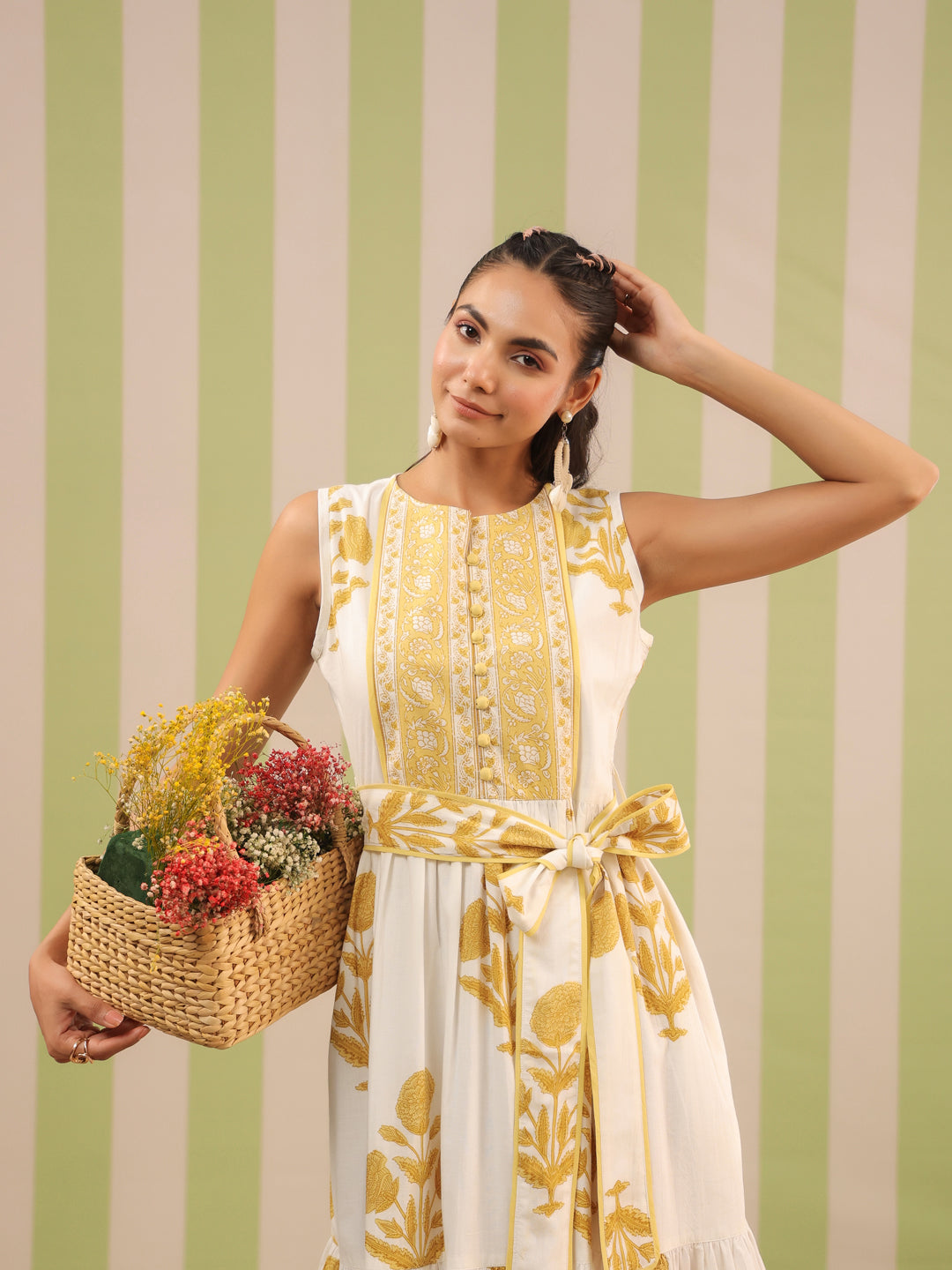 White & Yellow Sleeveless Maxi Dress with Belt and Pockets