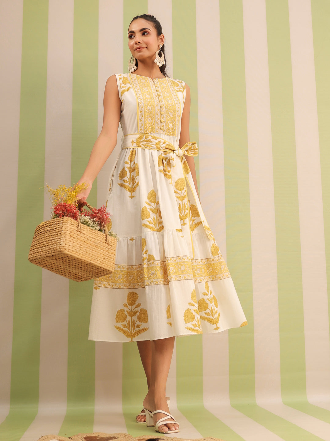 White & Yellow Sleeveless Maxi Dress with Belt and Pockets