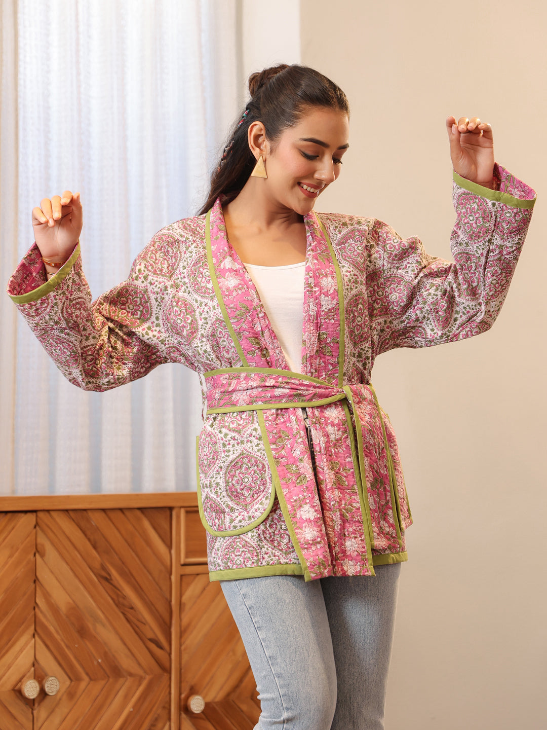 Cherry Blossom Quilted Jacket with Pockets