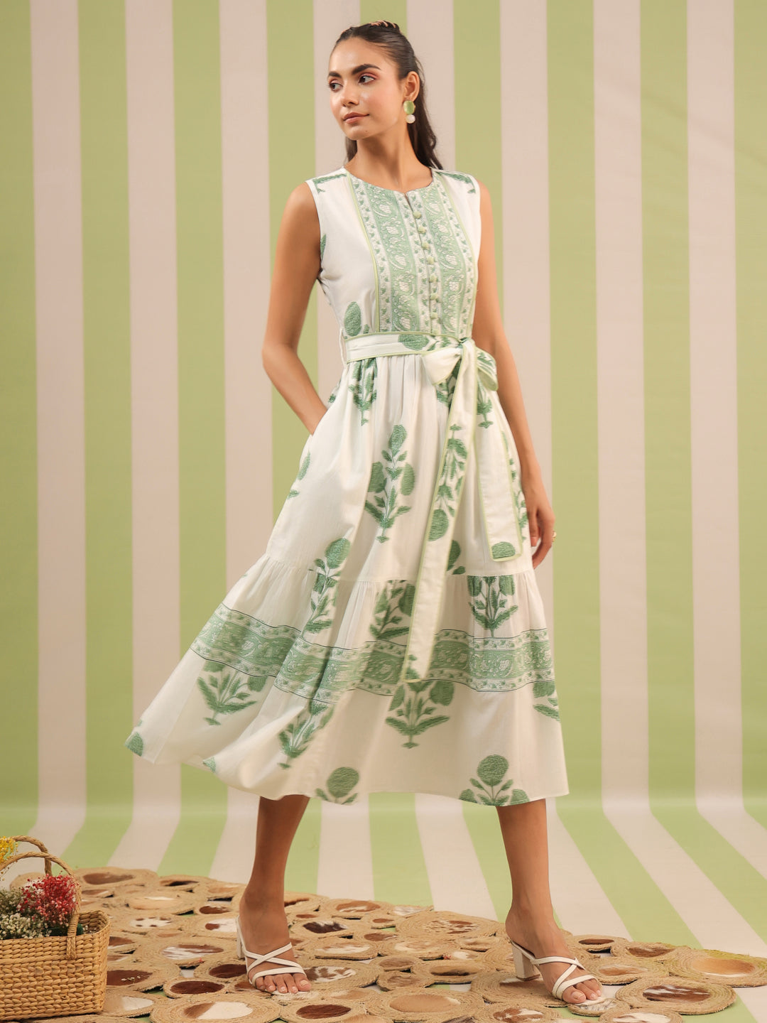 White & Green Sleeveless Maxi Dress with Belt and Pockets