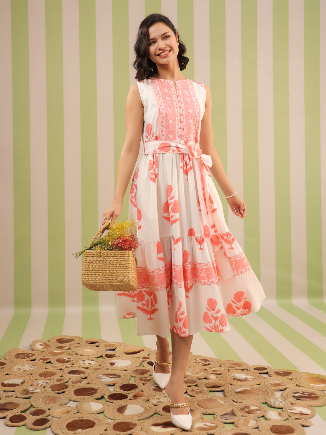 White & Pink Sleeveless Maxi Dress with Belt and Pockets