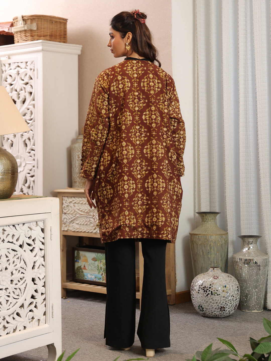 Chestnut Handblock Printed Coat with Pockets