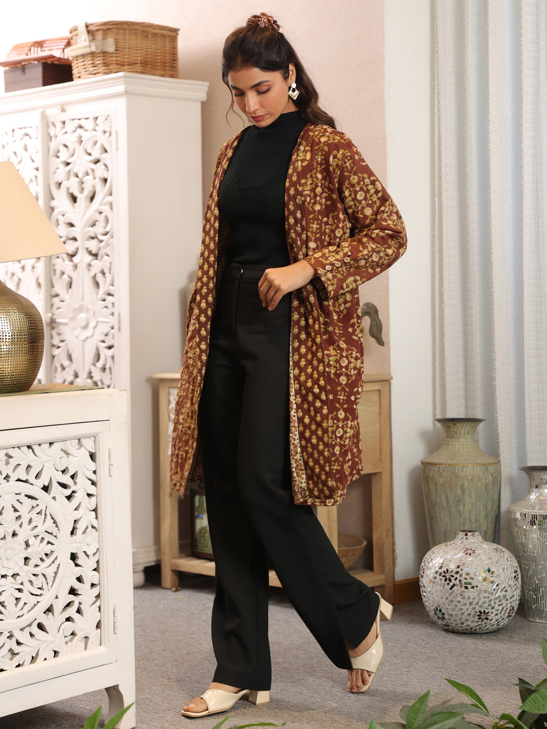 Chestnut Handblock Printed Coat with Pockets