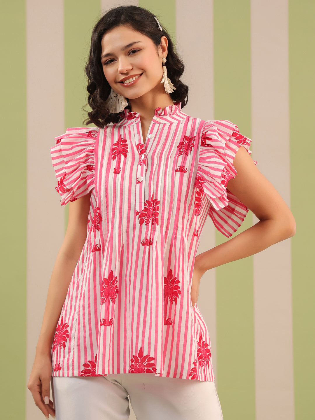 Pink Palm Printed Pintucks Cotton Top