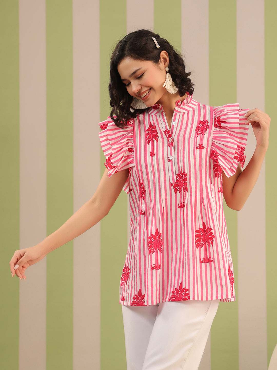 Ruffle Sleeve Top | Pink Palms