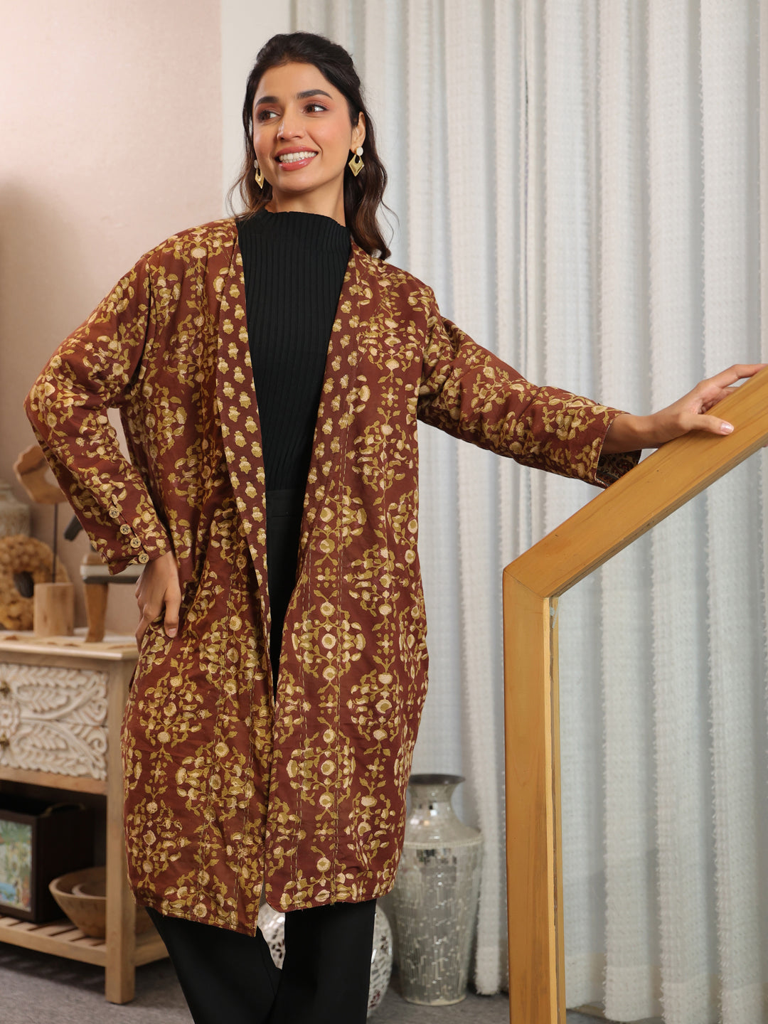 Chestnut Handblock Printed Coat with Pockets