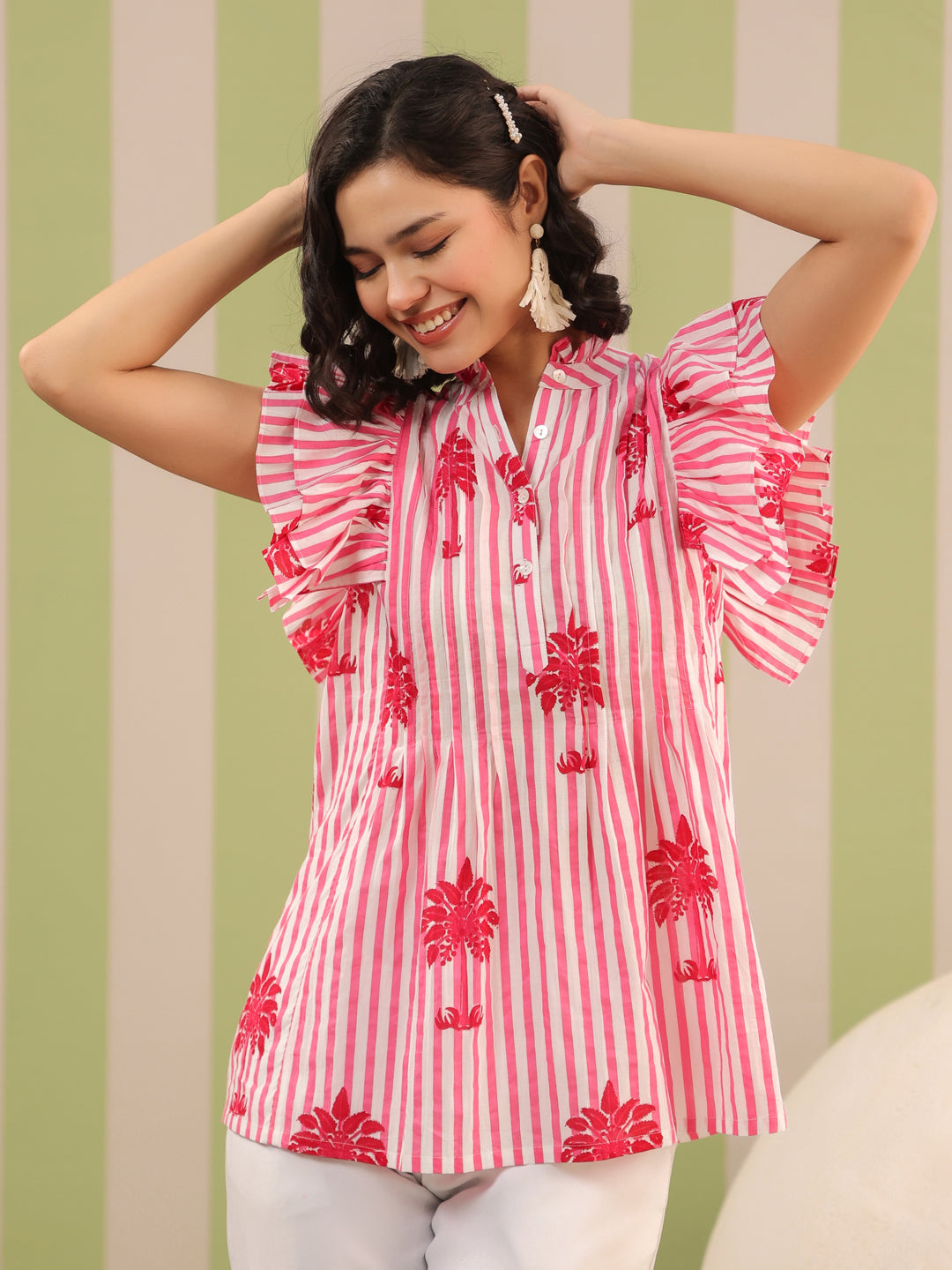 Pink Palm Printed Pintucks Cotton Top