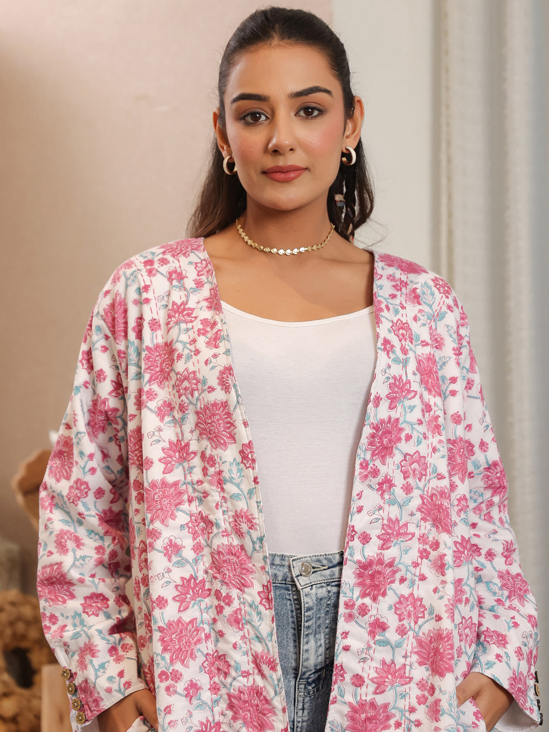 Pink Petal Handblock Printed Coat with Pockets