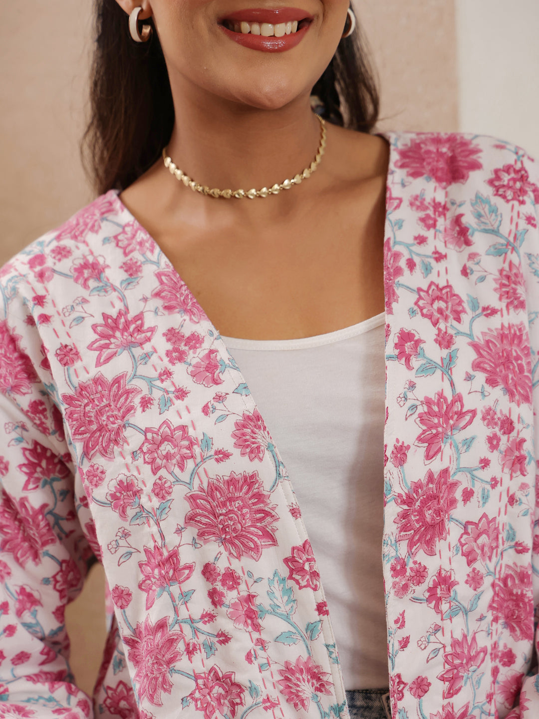 Pink Petal Handblock Printed Coat with Pockets